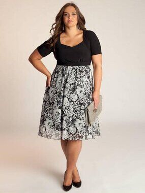 Igigi Adelle Black Bodice Floral Skirt Midi Dress Plus Size 14/16 EUC